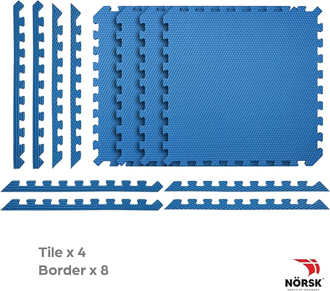 Norsk Reversible Gym Exercise Mats 3/4" Thick EVA Interlocking Foam Tiles, Perfect Home Gym Flooring, 32 Tiles & 64 Trim Pieces, 128 Sq. Ft. Reversible, Dazzling Blue/Black