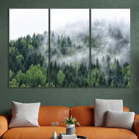 Nature Wall Art Prints - Ocean Forest Mountain Lake Canvas Landscapes - Small to Extra Large Living Room Bedroom Kitchen Bathroom Décor (Pine Trees in Fog, 47L" x 71W" - 3 panels)