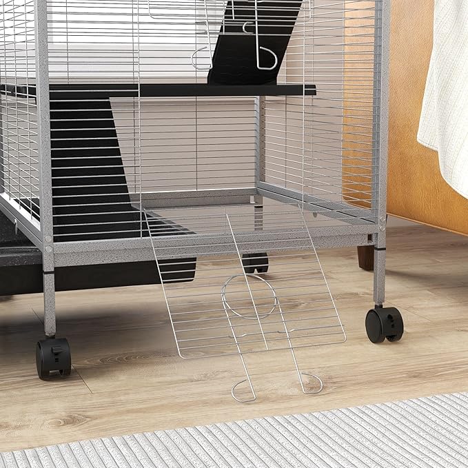 PawHut Metal Small Animal Cage, 4-Tiers Rolling Big Ferret Cage with Hammock, Removable Tray, for Chinchilla, Sugar Glider, White