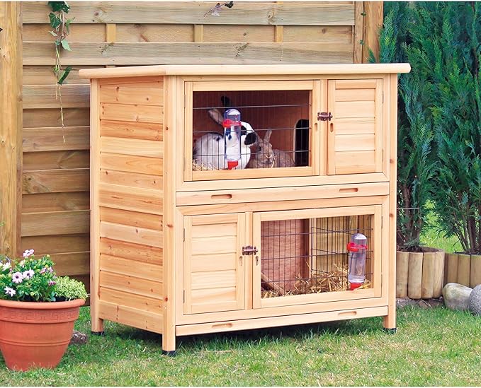 Trixie 2-Story Rabbit Hutch with Retreat Area, Non-Slip Ramp, Hinged Roof with Locking Arm, 4 Doors, 2 Metal Slide Latches, and Pull-Out Trays for Easy Cleaning