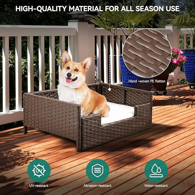 YITAHOME Rattan Dog Sofa Bed with Cushion,Wicker Pet Bed Sofa Couch Indoor Outdoor Water Unaffected for Large Medium Small Dogs Cats (24.8''L*19.7''W*9.8'',Beige)