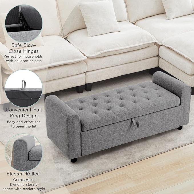 Ottoman with Storage, Tufted Storage Bench for Bedroom, 48" Fabrics End of Bed Bench, Upholstered Entryway Shoe Benches with Rolled Arm & Inner Zipper, Window Ottomans Chest without Rivets, Dark Grey