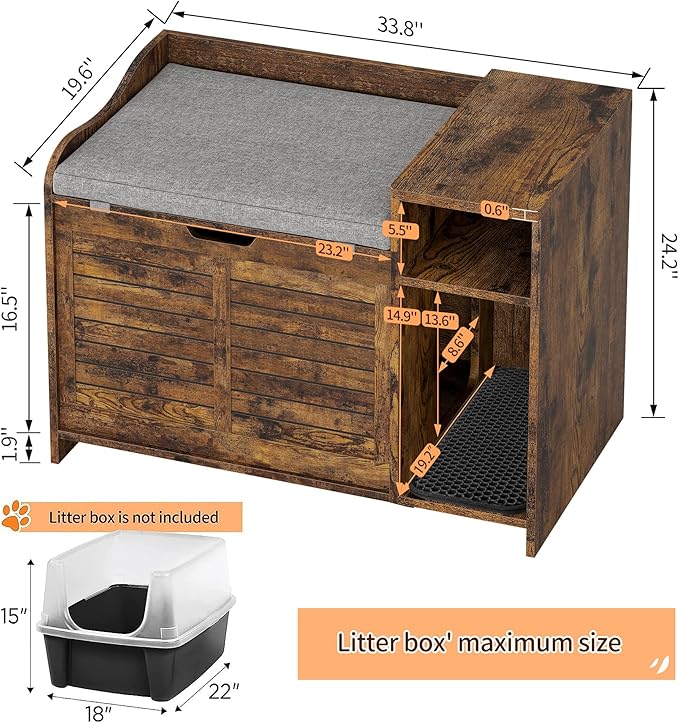 TrailBlaze Litter Box Enclosure with Top Opening&Scratching Mat, Cat Litter Box Furniture with Cushion Litter Box Hidden Wooden Cat Washroom Farmhouse Style Cat House for Hallway, Bedroom, Retro