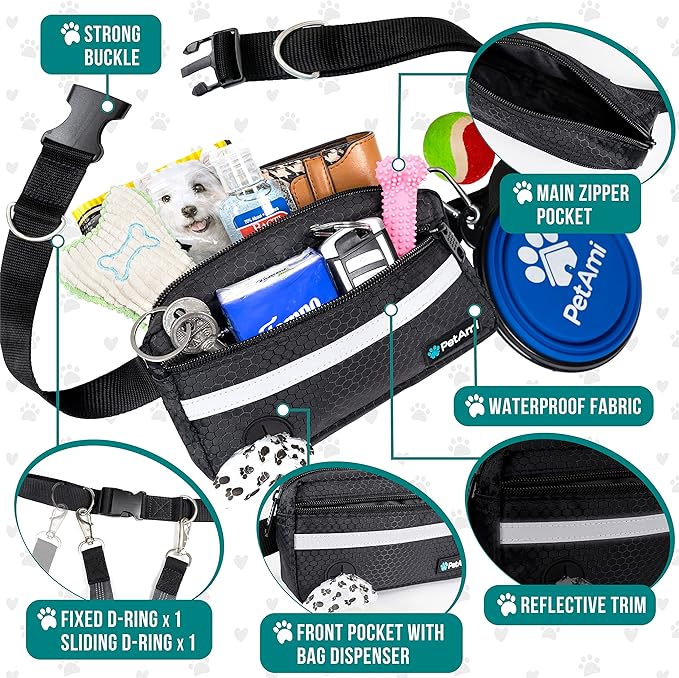 PetAmi Hands Free Dog Leash, Dog Running Leash Belt for Walking Jogging, Dog Waist Zipper Pouch Fanny Pack with Poop Bag Dispenser, Dual Padded Handle Bungee Leash for Small Medium Large Dogs, Double