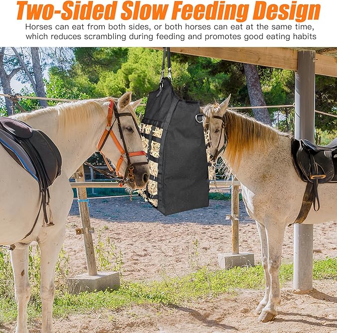 Hay Bags for Horses,Two-Sided Premium Oxford Slow Feed Hay Bags for Goats,Sheep,Donkey,Large Top Opening with Hook-and-Loop Seals,Easy to Hang with Adjustable Strap (Black, Large 2 Packs)