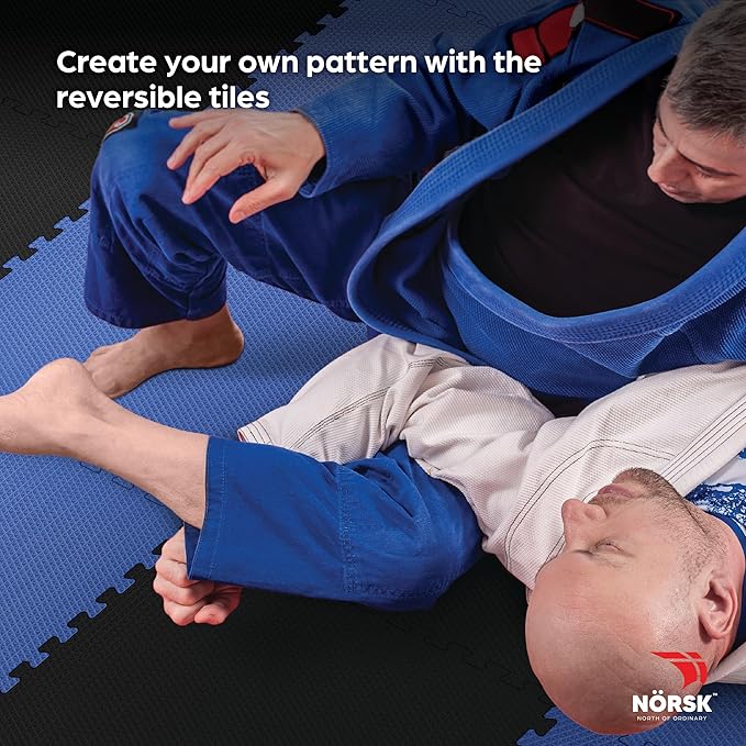 Norsk Reversible Exercise Mats 3/4" Thick EVA Interlocking Foam Tiles - Perfect for Home Gym Flooring, 28 Tiles & 56 Trim Pieces, 112 Sq. Ft. Reversible, Dazzling Blue/Black