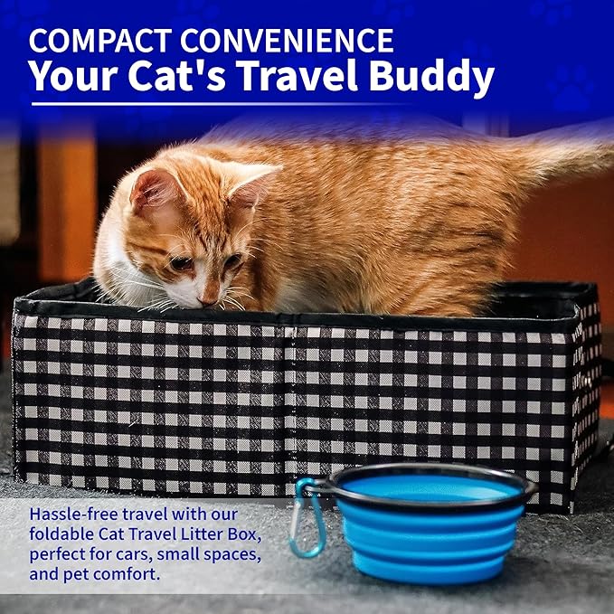 Pet Fit For Life - Vibrant Collapsible Travel Cat Litter Box - Portable, Foldable, Compact Design with Bonus Water Bowl - Ideal for Car & Camping - Reusable, Cats Safe - Black, (16"x12"x5")