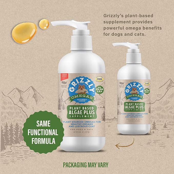 Grizzly Pet Products Algal Plus Omega 3-6-9 Food Supplement for Dogs and Cats, 8 Ounce Bottle