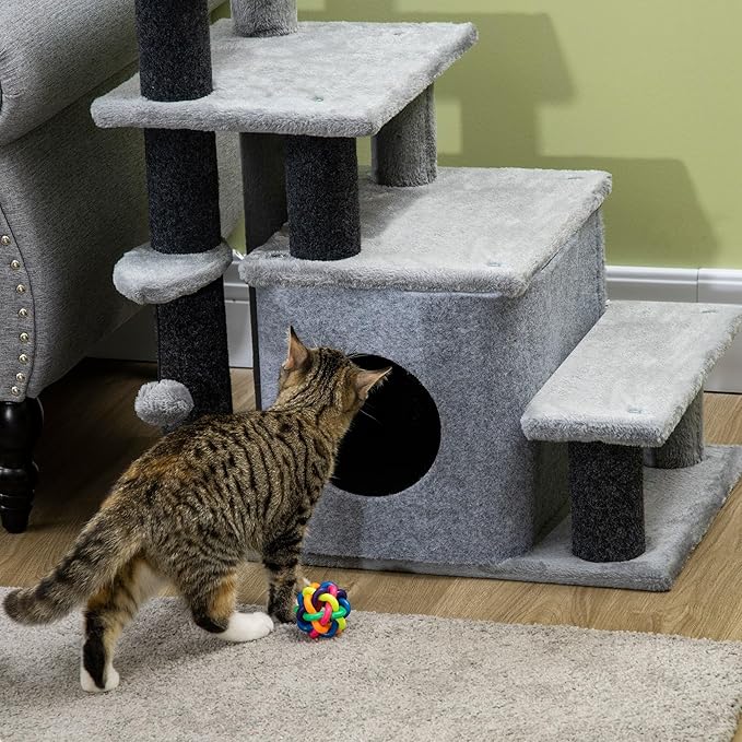 PawHut Pet Stairs, Adjustable Height 3/4 Step Cat Steps with Scratching Post, Condo, Toy Ball for High Bed, Sofa, Couch, Indoor Small Cats, Kittens, Gray
