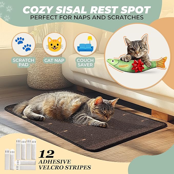 SCRATCHABLE Sisal Cat Scratcher, [+ Catnip Fish Toy] Cat Wall Scratcher, Couch Protector from Cat Scratching, 24 X 15.8 with 12 Adhesive Velcro Stripes. (Black Patterns)
