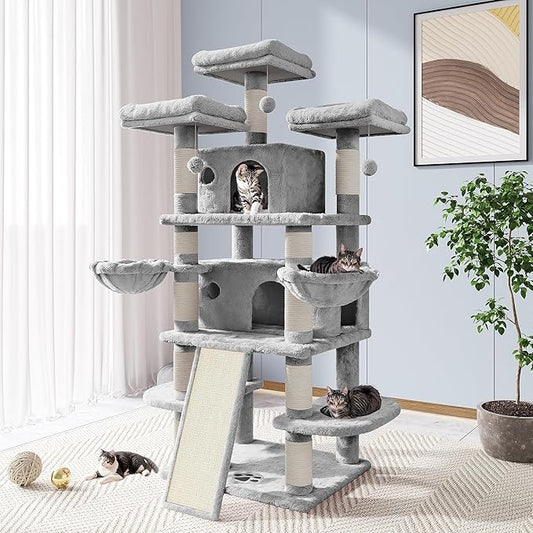 Allewie 68 Inches Cat Tree/House and Towers for Big Feline/Scratching Post/Multi-Level Large Kitty Climbing Tree with Condo/Light Grey