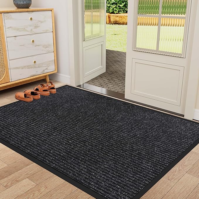 Indoor Outdoor Door Mat, 4' x 2' Doormat for Entryway, Rubber Backing Non Slip Front Door Mat Outside Entrance, Super Absorbent Commercial Floor Mat for Home Office, Black