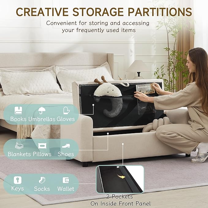 Ottoman with Storage, Tufted Storage Bench for Bedroom, 48" Fabrics End of Bed Bench, Upholstered Entryway Shoe Benches with Rolled Arm & Inner Zipper, Window Ottomans Chest without Rivets, Beige