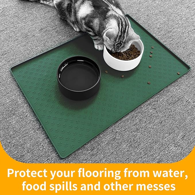Ptlom Pet Placemat for Dog and Cat, Waterproof Silicone Pet Feeding Bowl Mats for Food and Water, Small Medium Large Dogs Mat Prevent Residues from Spilling to Floor, Hunter Green, 31.5" 23.6"