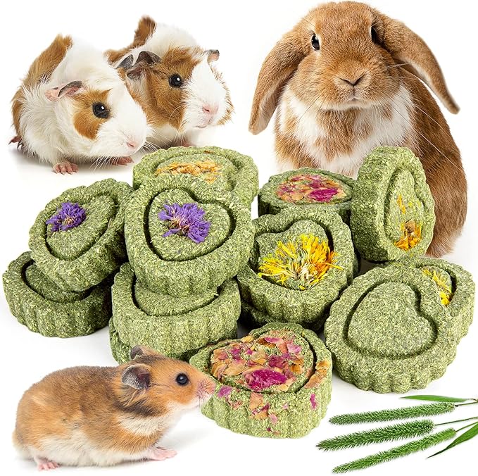 Sofier 12Pcs Timothy Hay Treats - Natural Chews for Teeth - Handmade Rabbit, Chinchilla, Gerbil, Rat, Hamster Toys - Bunny & Guinea Pig Toys