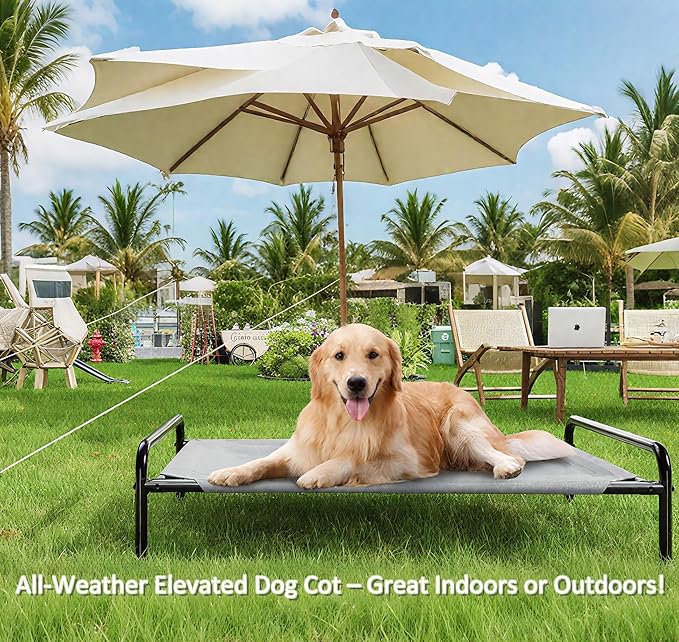 Raised Dog Bed, Outdoor Dog Bed for Dogs, Cooling Elevated Pet Cot, Durable and Sturdy Pet Bed, Waterproof Mesh Cover Raised Metal Frame, Non Slip, Grey