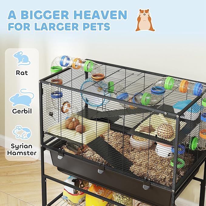 PawHut Hamster Cage with Deep Tray, 3 Tier Rolling Rat Cage with Storage Shelf, Big Exercise Wheel, Tube System, Hut, Platforms, Ramps, Food Dish, Water Bottle, for Syrian, Gerbil, Mouse