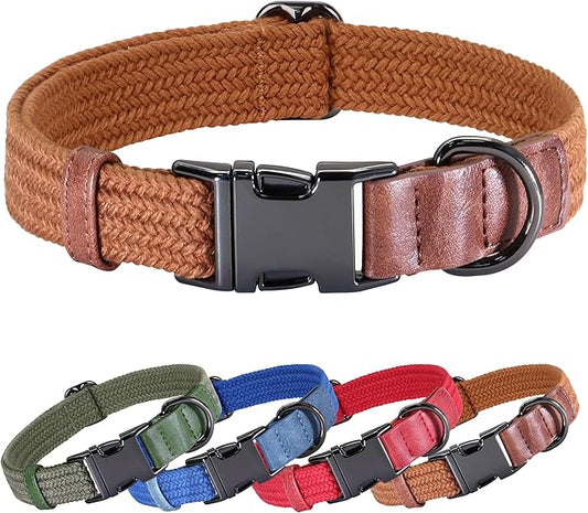PET ARTIST Soft Cotton Dog Collars for Large Dogs in Rustic Brown, Simple Dog Collar with Quick Release Metal Buckle & D Ring, L Size (15-23")