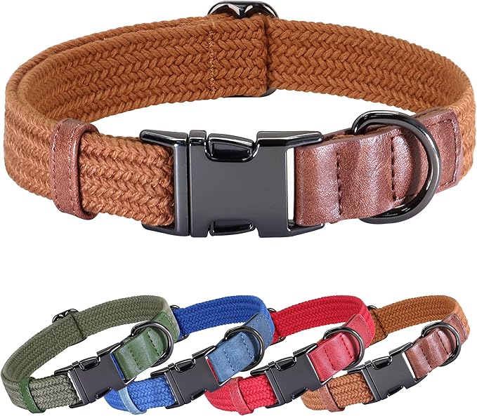 PET ARTIST Soft Cotton Dog Collars for Small Dogs in Rustic Brown, Simple Dog Collar with Quick Release Metal Buckle & D Ring, S Size (10-16")
