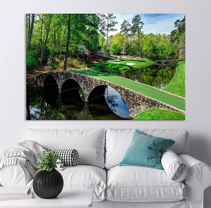 Nature Wall Art Prints - Ocean Forest Mountain Lake Canvas Landscapes - Small to Extra Large Living Room Bedroom Kitchen Bathroom Décor (Golf Course with Stone Bridge, 35L" x 53W")