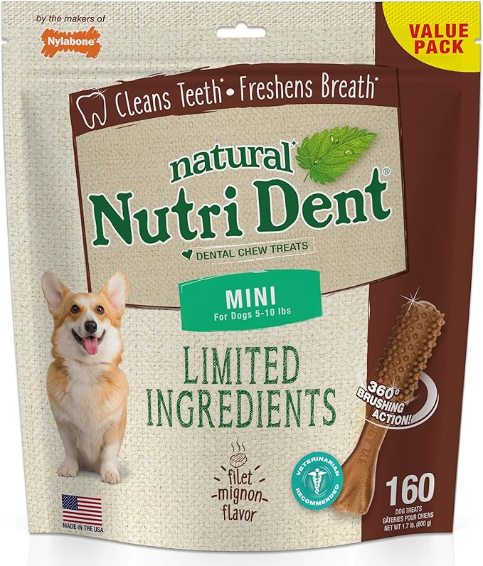 Nylabone Nutri Dent Dog Dental Chews - Natural Dog Teeth Cleaning & Breath Freshener - Dental Treats for Dogs - Filet Mignon Flavor, Mini (160 Count)