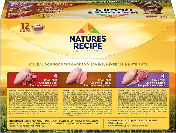 Nature's Recipe Nature’s Recipe 2.75 Ounce Grain Free Chicken & Beef, Chicken & Turkey, Chicken & Lamb Wet Dog Food Variety Pack, 12 Pack, 2 Count Case
