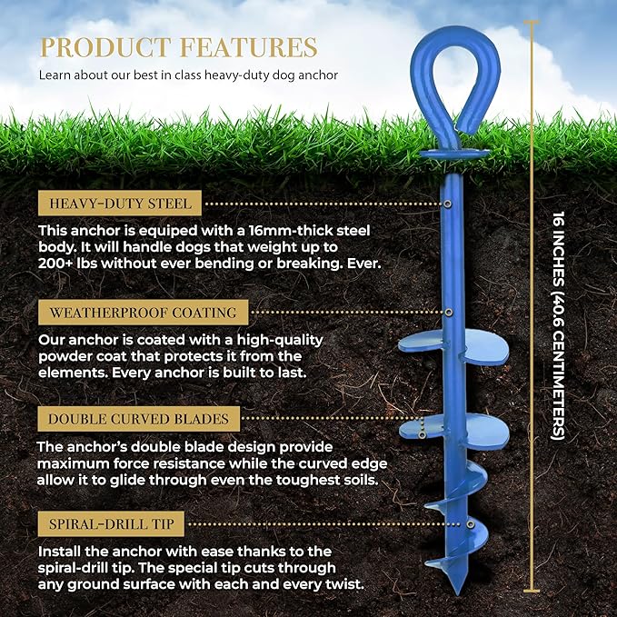 ROYAL-PAW Dog Tie Out Stake - for Large Dogs up to 210 lbs - Heavy Duty Dog Stake for Yard, Beach & Camping Outside - Best in Ground Anchor for a Dog Cable, Leash, Lead Tether (1, Blue)