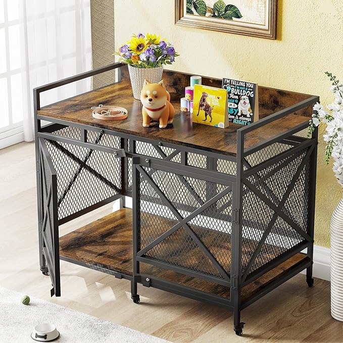 COZPAW Large Dog Crate Furniture, 48 Inch Wooden Dog Kennel for XLarge Dogs, Heavy Duty Dogs Furniture Indoor Wire Dog Cage with Caster Wheels, Decorative Pet House End Table, Brown