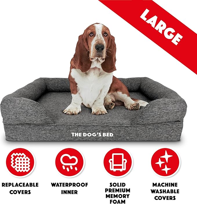 The Dog’s Bed, Large Grey Linen 36x27, Memory Foam, Pain Relief: Arthritis, Hip & Elbow Dysplasia, Post Surgery, Lameness, Supportive, Calming, Waterproof Washable Cover, Veterinary Approved