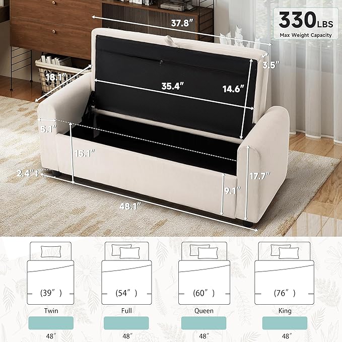 Ottoman with Storage, Tufted Storage Bench for Bedroom, 48" Fabrics End of Bed Bench, Upholstered Entryway Shoe Benches with Rolled Arm & Inner Zipper, Window Ottomans Chest without Rivets, Beige