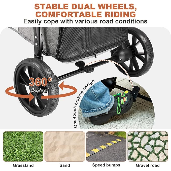 Medium Dog Stroller, Dual Entry One-Touch Folding,Small and Medium Pet Stroller,360° Rotating Front Wheels,70 lbs Weight Capacity for Outdoor Travel and Elderly Dogs - Gray