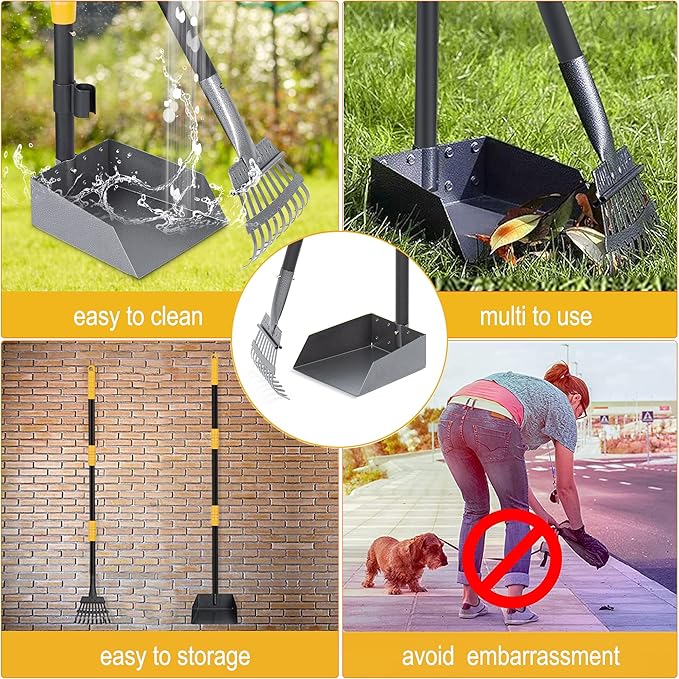 Niubya Pooper Scooper for Dogs, Metal Poop Scooper Tray and Rake Set with Adjustable Long Handle, Dog Pooper Scooper for Pet Waste Removal