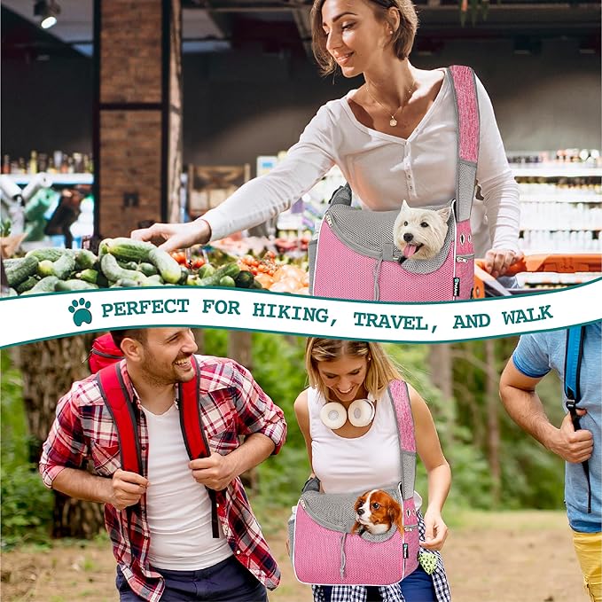 PetAmi Small Dog Sling Carrier, Soft-Sided Crossbody Puppy Carrying Purse Bag, Adjustable Sling Pet Pouch to Wear Medium Dog Cat Travel, Dog Bag for Traveling, Poop Bag Dispenser, Max 10 lbs, Pink