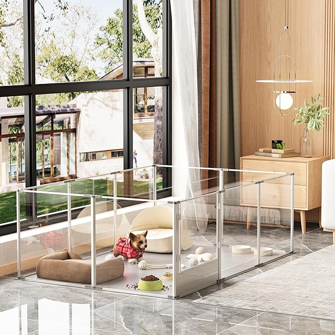 Dog Clear Playpen Fence Kennel: 10Panels Indoor Transparent Whelping Box Pen Cage with Waterproof whelping pad - Extra Long Acrylic Exercise Kennel with Metal Frame for Cats Puppy Rabbits Guinea Pig