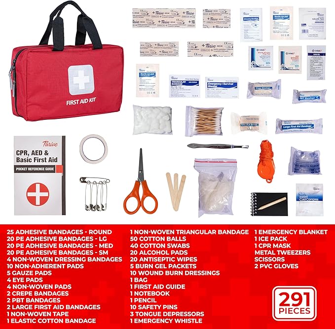 Thrive Home Essentials First Aid Kit (291 Pieces) - First Aid Bag with Multi-Sized Bandage, Gauze, Wipes, Scissors, Gloves, Tape, Ice Pack and More