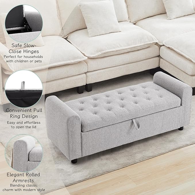 Ottoman with Storage, Tufted Storage Bench for Bedroom, 48" Fabrics End of Bed Bench, Upholstered Entryway Shoe Benches with Rolled Arm & Inner Zipper, Window Ottomans Chest without Rivets, Light Grey