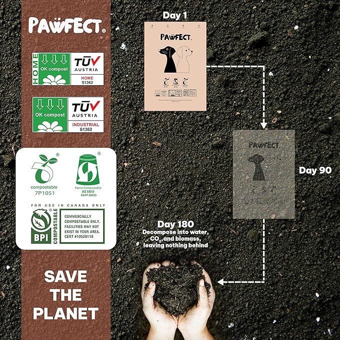 Pawfect Dog Poop Bags Rolls - Biodegradable Doggie Bags, Compostable Dog Waste Bags, BPI Certified Pet Waste Bags, Unscented, Large, Puppy Poo, Earth Friendly, Bolsas de Basura (240 counts)