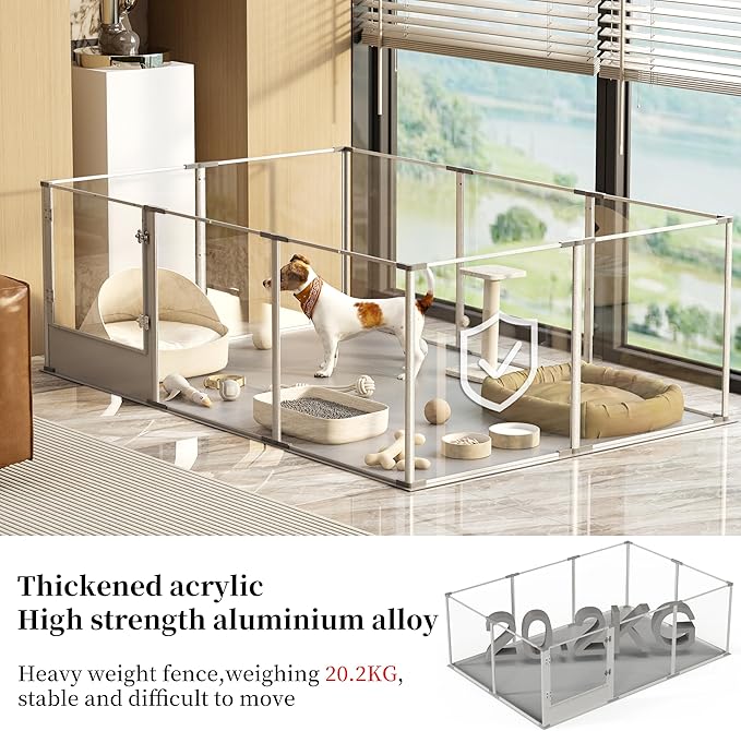 Dog Clear Playpen Fence Kennel: 10Panels Indoor Transparent Whelping Box Pen Cage with Waterproof whelping pad - Extra Long Acrylic Exercise Kennel with Metal Frame for Cats Puppy Rabbits Guinea Pig