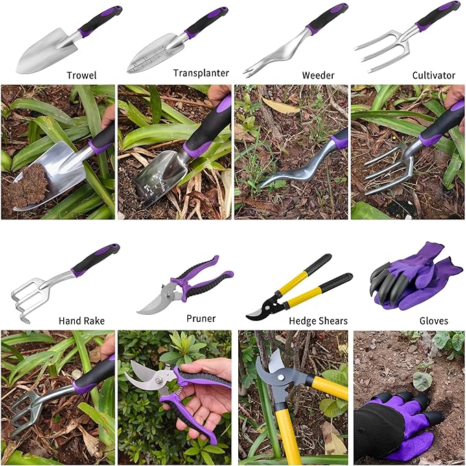 Gardening Tools – 42 Piece Premium Gardening Tool Set,Heavy Duty Hand Tools with Fashion Garden Tools Organizer Handbag,Rust-Proof Gardening Tool Kit, Ideal Gardening Gifts for Women((Purple Floral)