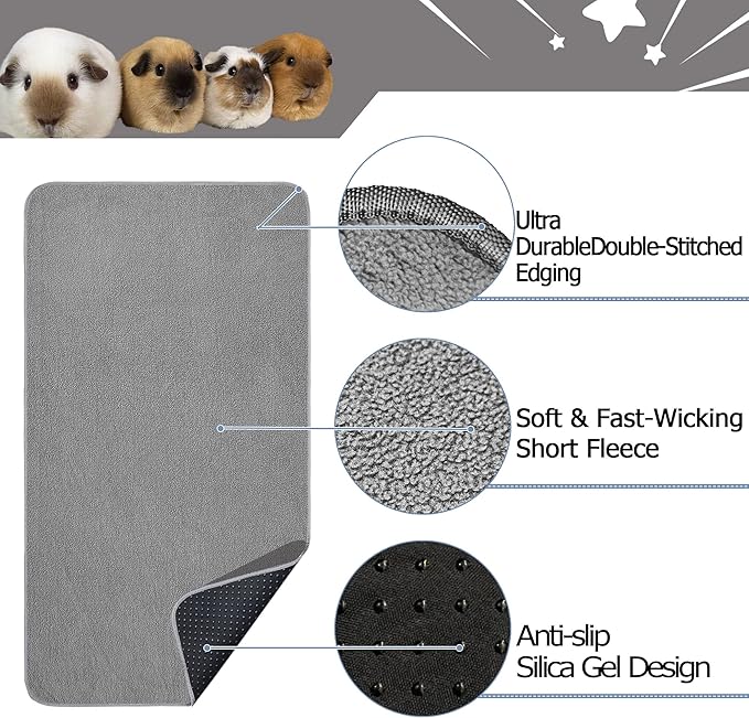 Guinea Pig Cage Liner, 2 Pack - Washable, Reusable, Leakproof Fleece Bedding Pads for Small Animals with Anti-Slip Bottom - for 15''x29'' Area, Gray