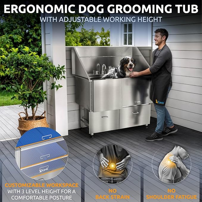 KANIS Professional Dog Washing Station - 304 Stainless Steel Pet Wash Sink & Grooming Bath Tub for Home with Ramp, Shower, Floor Grate, Storage Drawers, and Faucet for Large, Medium & Small Pets