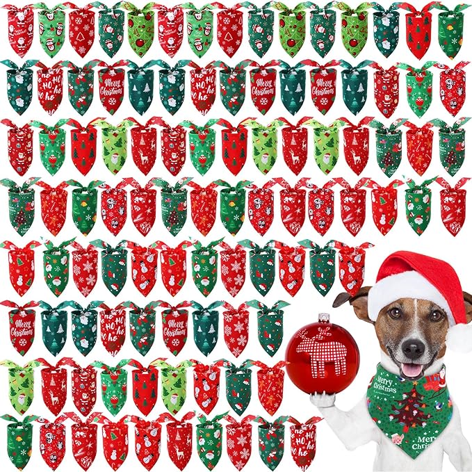 Preboun 100 Pieces Christmas Dog Bandanas Bulk Xmas Holiday Bandanas for Dogs Xmas Green and Red Kerchief Set for Christmas Puppy Small to Large Pets Costume Accessories