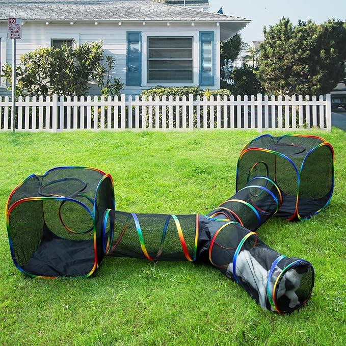 LUCKITTY Outdoor Rainbow Cat Enclosures Playground,Outside House for Indoor Cats Include Portable Tent, 3 Way with 2 Cube Tunnel, for Kitty and Small Animals,Within Storage Bag