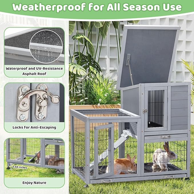Rabbit Hutch Indoor Outdoor Bunny Cage 39" L Large 2-Story Wooden Small Animal House Enclosure with Wheels, 2 Removable Trays, Waterproof Openable Roof, Grey