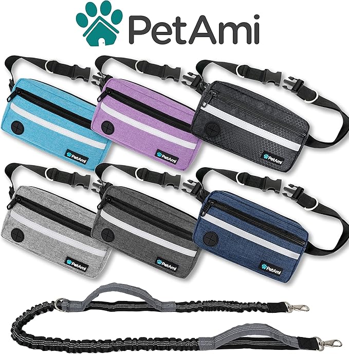 PetAmi Hands Free Dog Leash, Dog Running Leash Belt for Walking Jogging, Dog Waist Zipper Pouch Fanny Pack with Poop Bag Dispenser, Dual Padded Handle Bungee Leash for Small Medium Large Dogs, Single