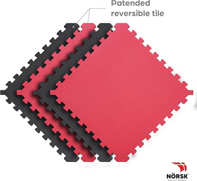 Norsk Reversible Gym Exercise Mats 3/4" Thick EVA Interlocking Foam Tiles, Perfect Home Gym Flooring, 28 Tiles & 56 Trim Pieces, 112 Sq. Ft. Reversible, Red/Black