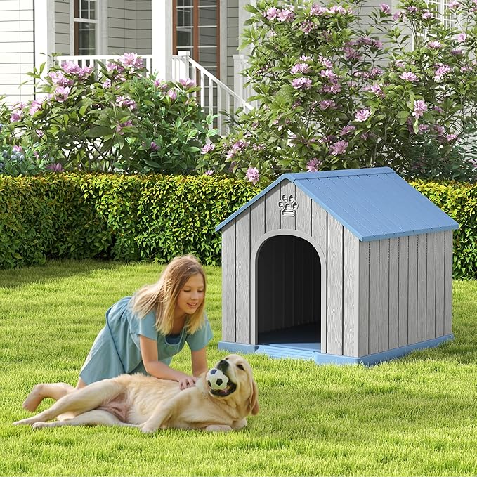 Large Outdoor Plastic Dog House - Indoor Outdoor Use for Medium & Large Dogs, Durable Waterproof Doghouse with Air Vents, Elevated Floor, Easy to Clean & Assemble(Blue2, 36.2''L×38''W×38''H)
