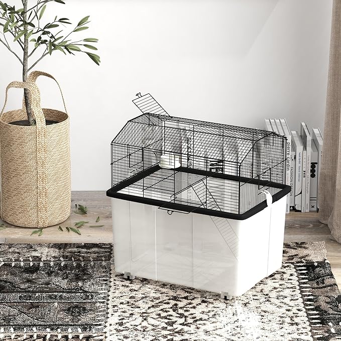 PawHut Hamster Cage, Gerbil Cage 2 Tier with Wheels, Deep Bottom, Ramp, Food Dish, Water Bottle, for Dwarf Hamster, Syrian Hamster, 57 x 43 x 57cm - Black