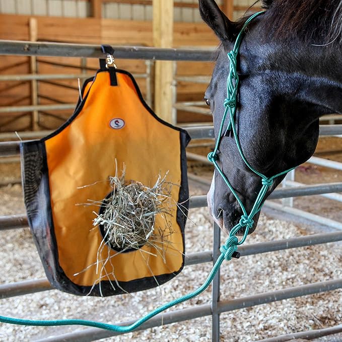 Majestic Ally 1200 D Hay Feeder Tote Bag for Horses, Sheep with Reflective Trim- Reduces Waste - Comes with 36” Hay Net (Purple)