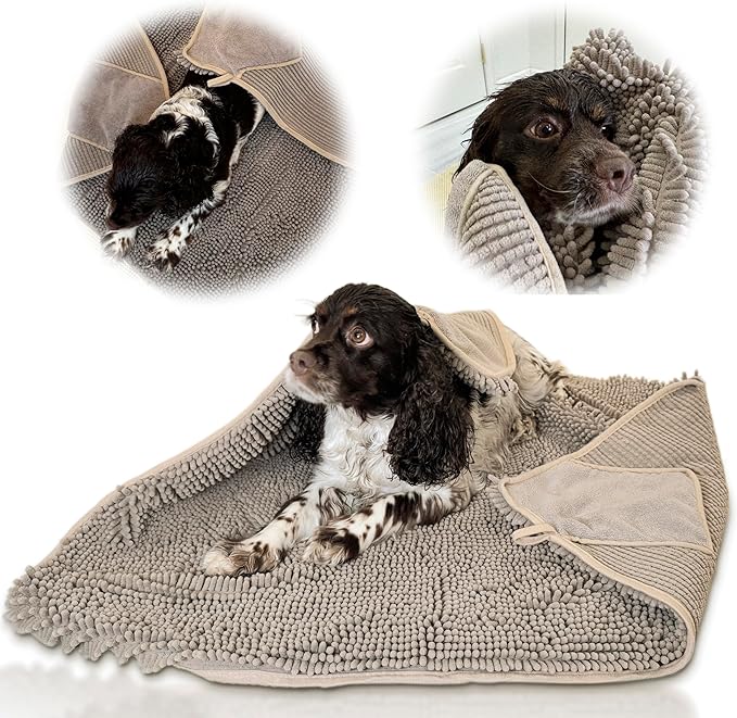 Pet 2-in-1 Dog Towel & Mat – Transforms from Drying to Bath Mat, Ultra Soft, Absorbent & Quick-Drying, Machine Washable Dog Towels with Detachable Non-Slip Mat and Hand Pockets (Large)